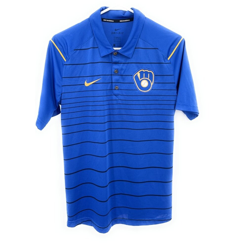Nike‎ Milwaukee Brewers Polo Shirt Men S Blue Short Sleeve Dri Fit Baseball